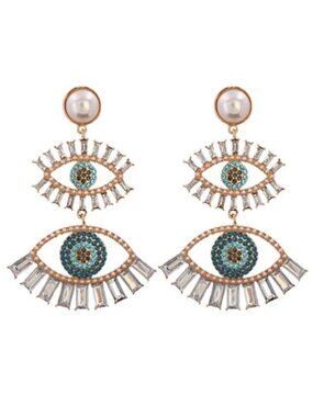 Evil Eye Symbol Clear White & Gold Large Pearl Dangle Earrings
